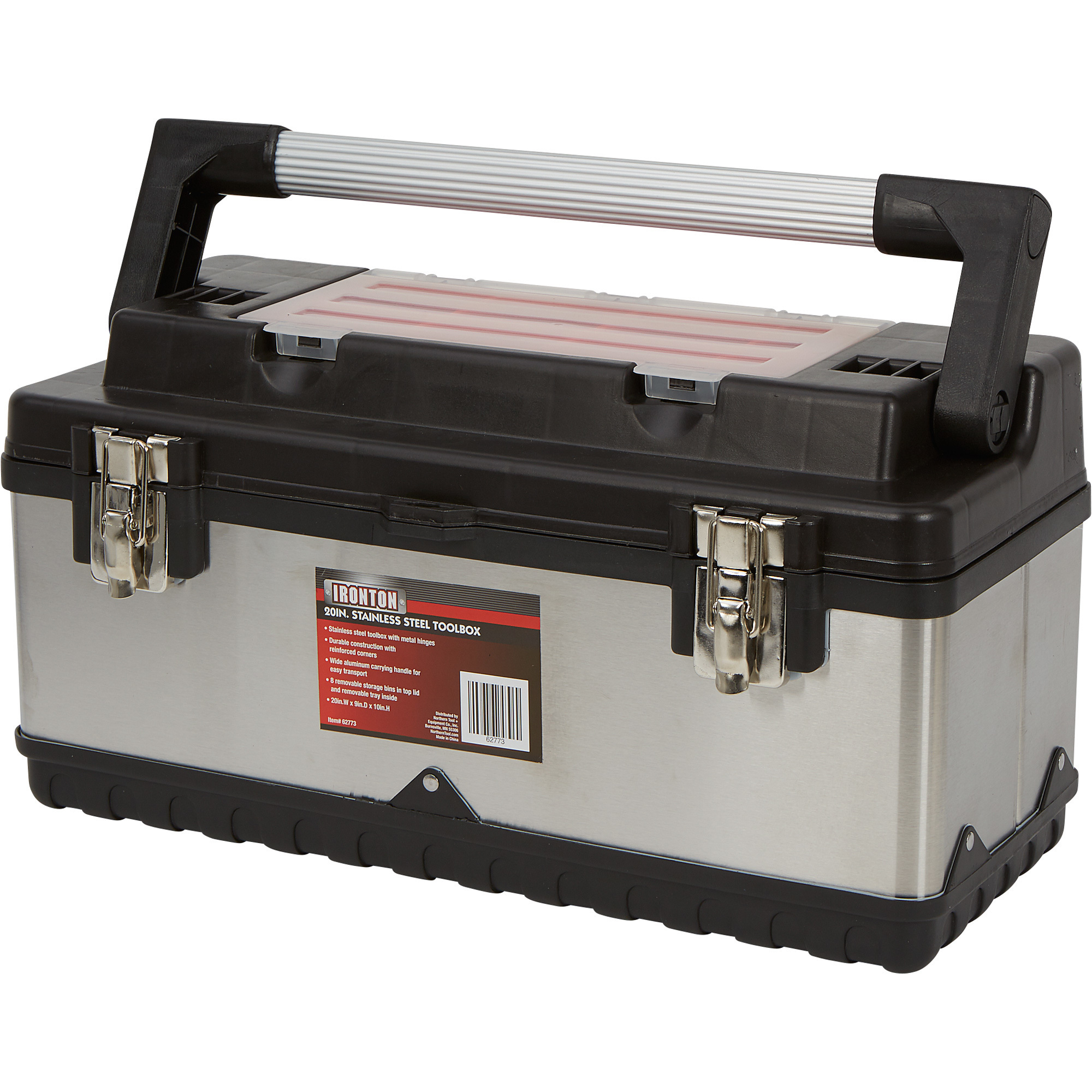 Ironton Stainless Steel Toolbox, 20in.W x 9in.D x 10in.H